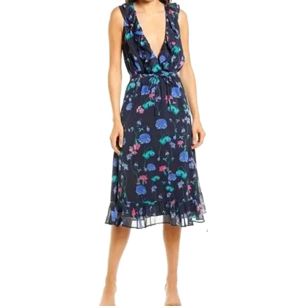 Chelsea 28 Dress Size Small Blue Floral Ruffles Knee Length Romantic Ethereal